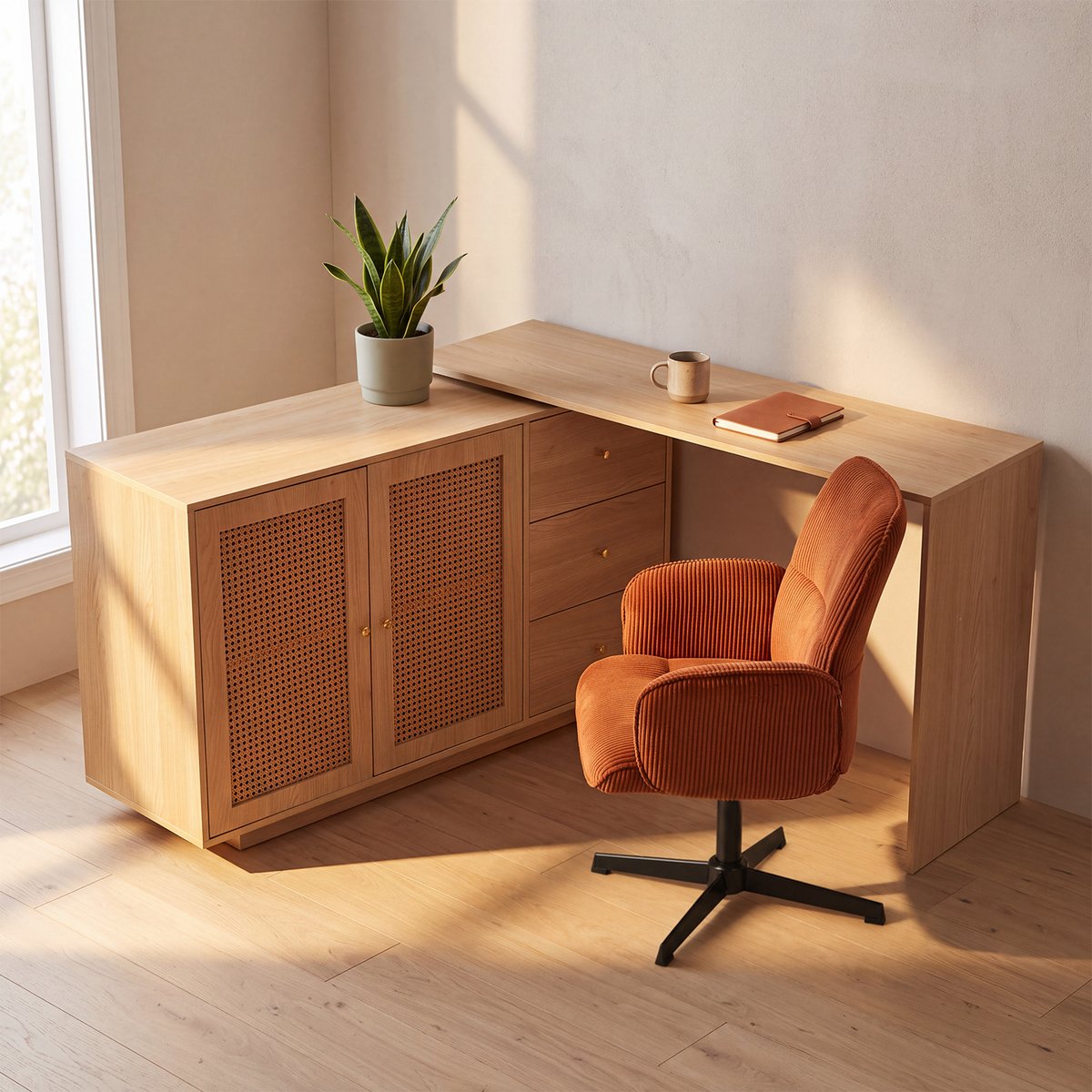 Ensemble de bureau d’angle rotatif avec portes rotin et chaise de bureau, DICCPERNTHOMASINACORD rouge, MEUBLES COSY