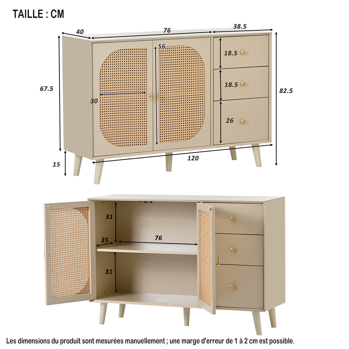 Armoire de rangement avec 2 portes 3 tiroirs et 6 couches, DAVEC Armoire crème, MEUBLES COSY