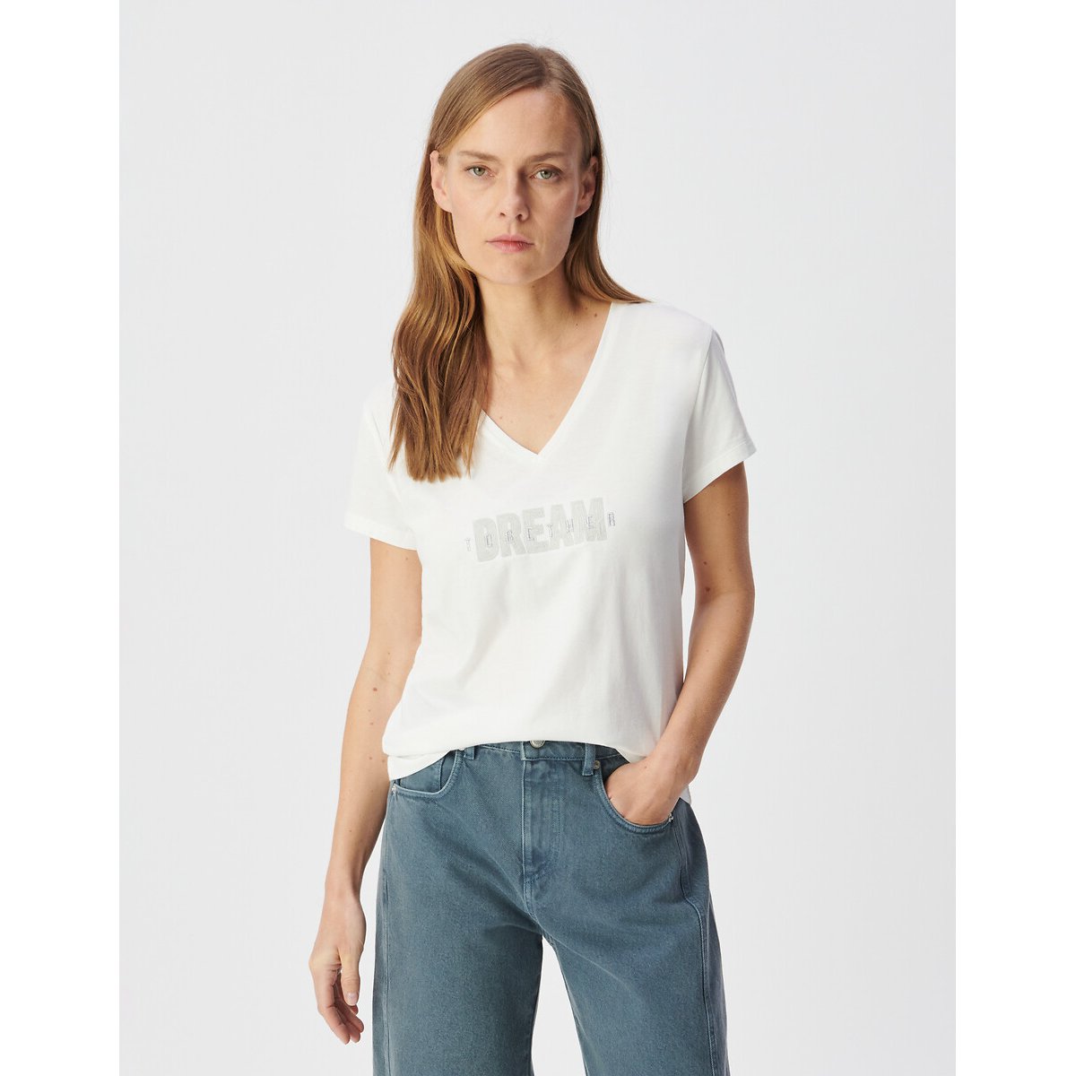 T-shirt col V manches courtes à message brodé blanc cassé, IKKS