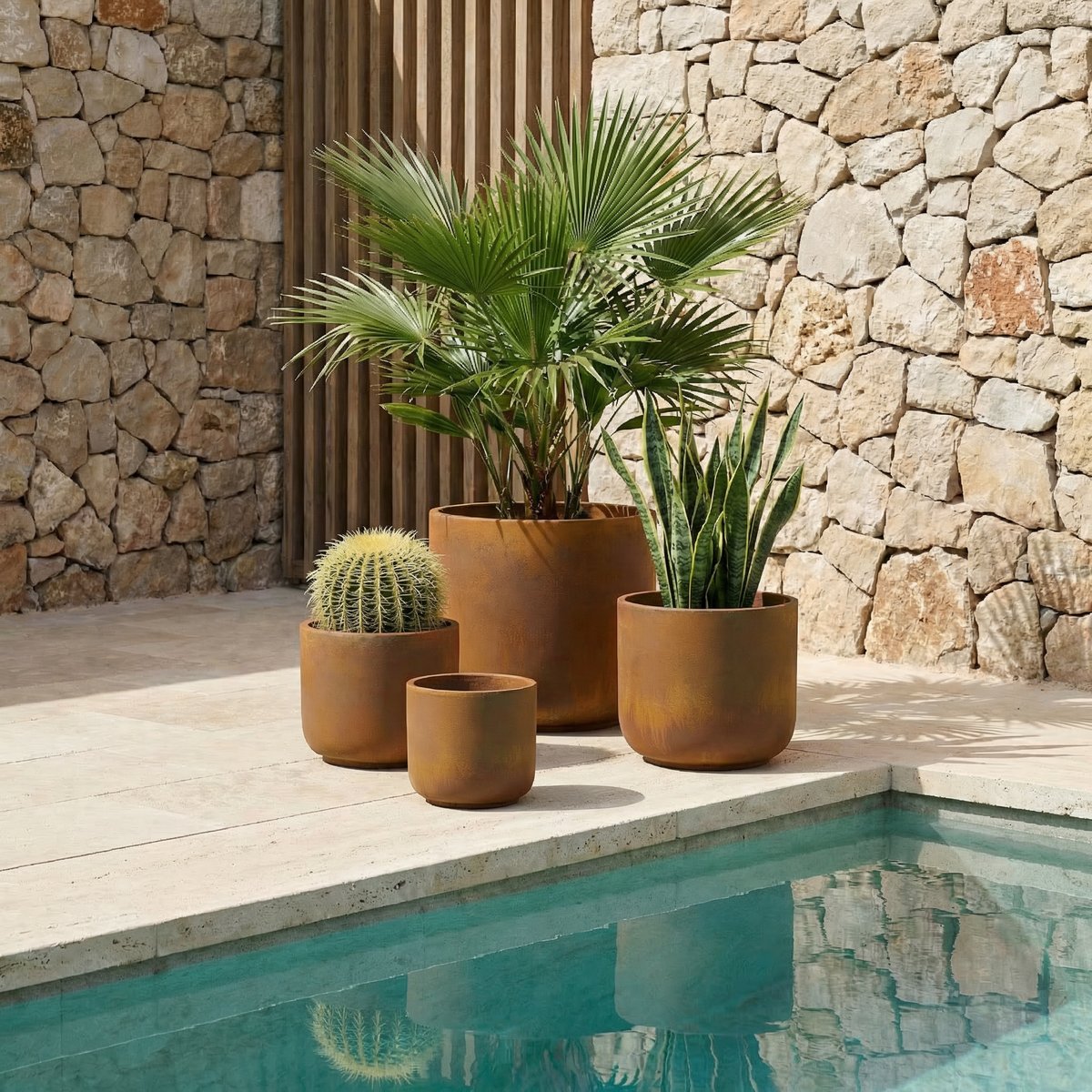 Lot de 4 cache-pots décoratifs arrondi en fibre H31 Terra couleur unique, SIA DECO