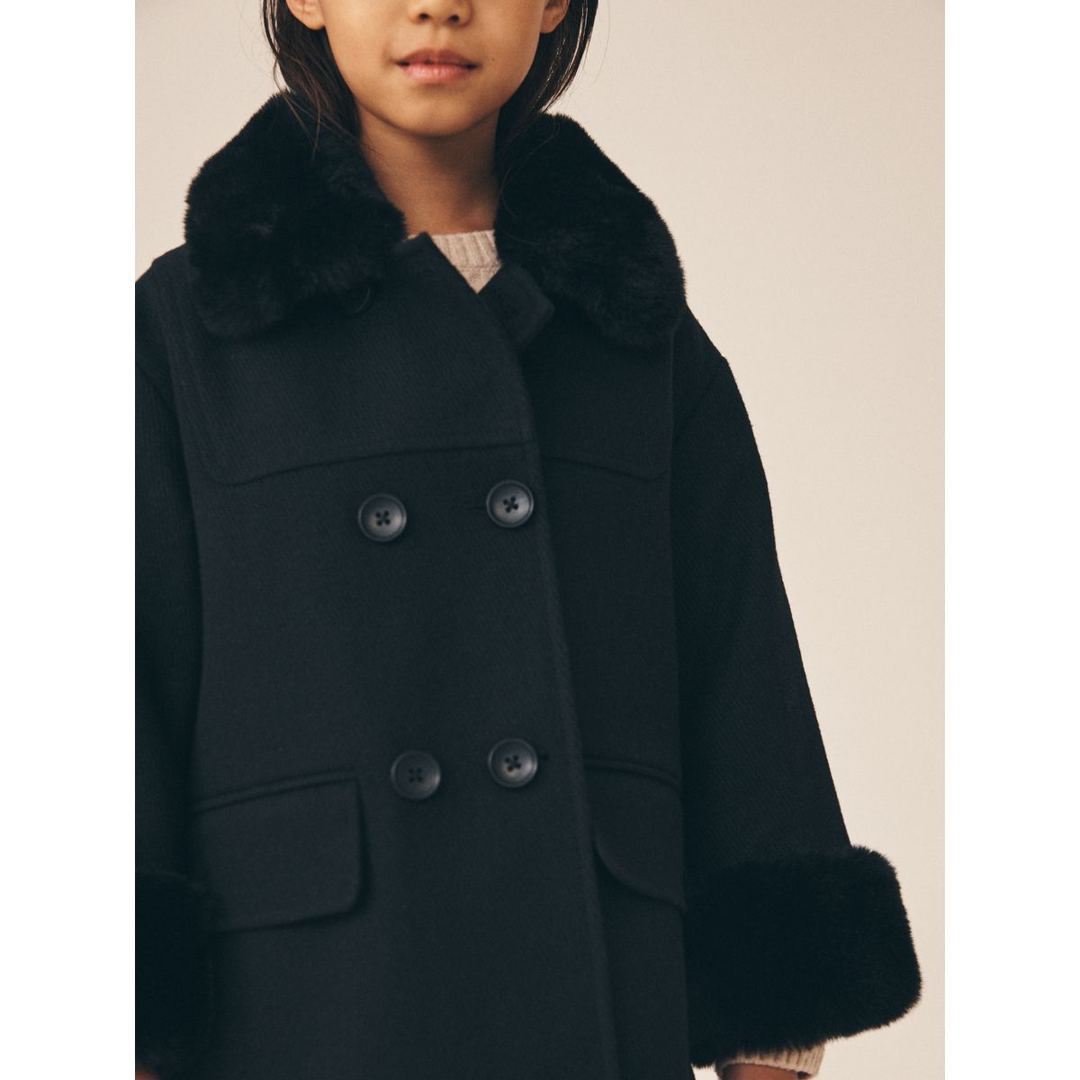 Manteau en laine bordée de imitation fourrure noir, NEXT