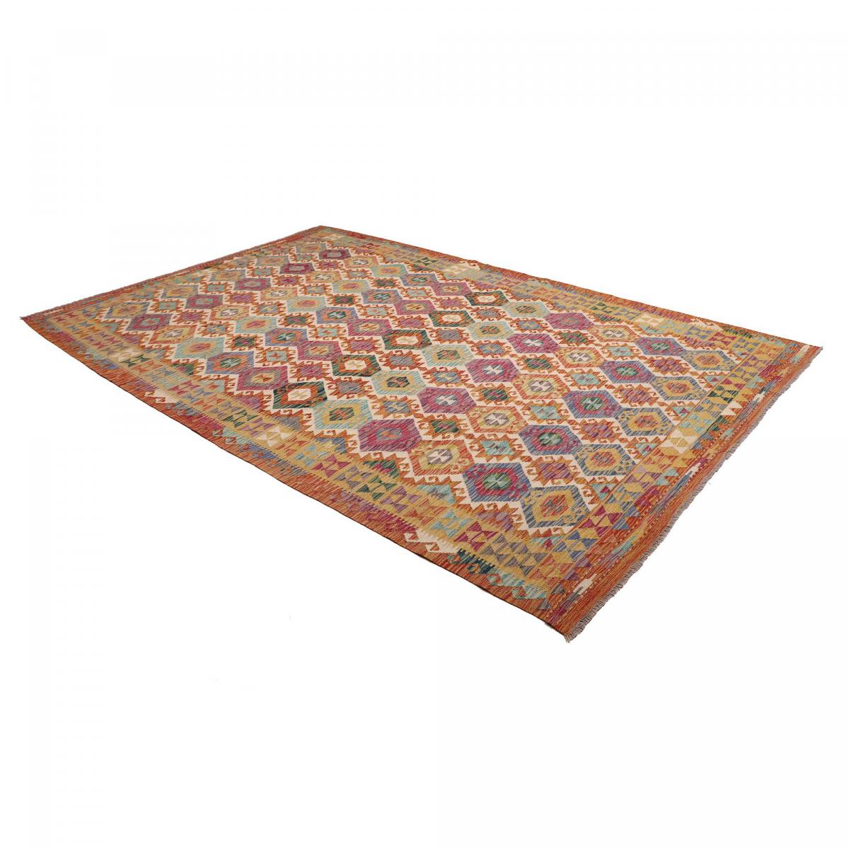 Tapis d'orient ethnique en laine naturelle, tissé plat artisanal multicolore, bleu, rouge, UN AMOUR DE TAPIS