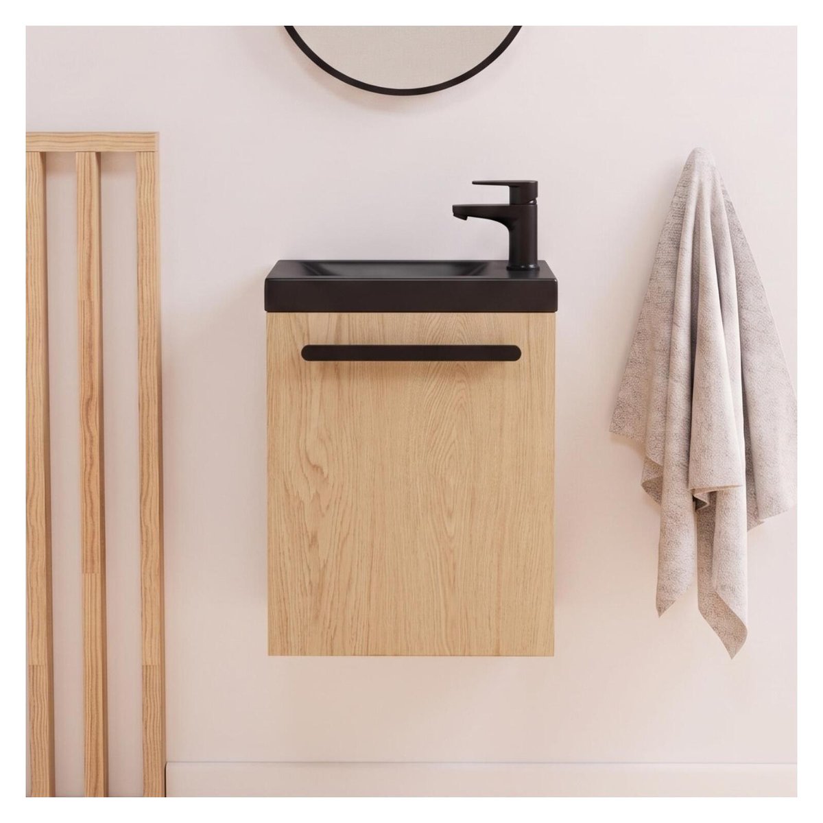 Ensemble lave-mains suspendu avec robinet noir NEVADA décor chêne (vasque noire), MOB IN