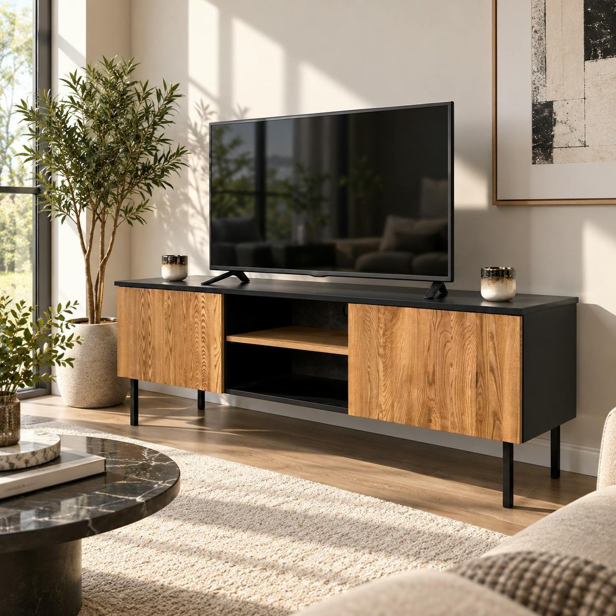 Meuble TV en bois bicolore avec façade ondulée TARAN bois naturel, PIER IMPORT