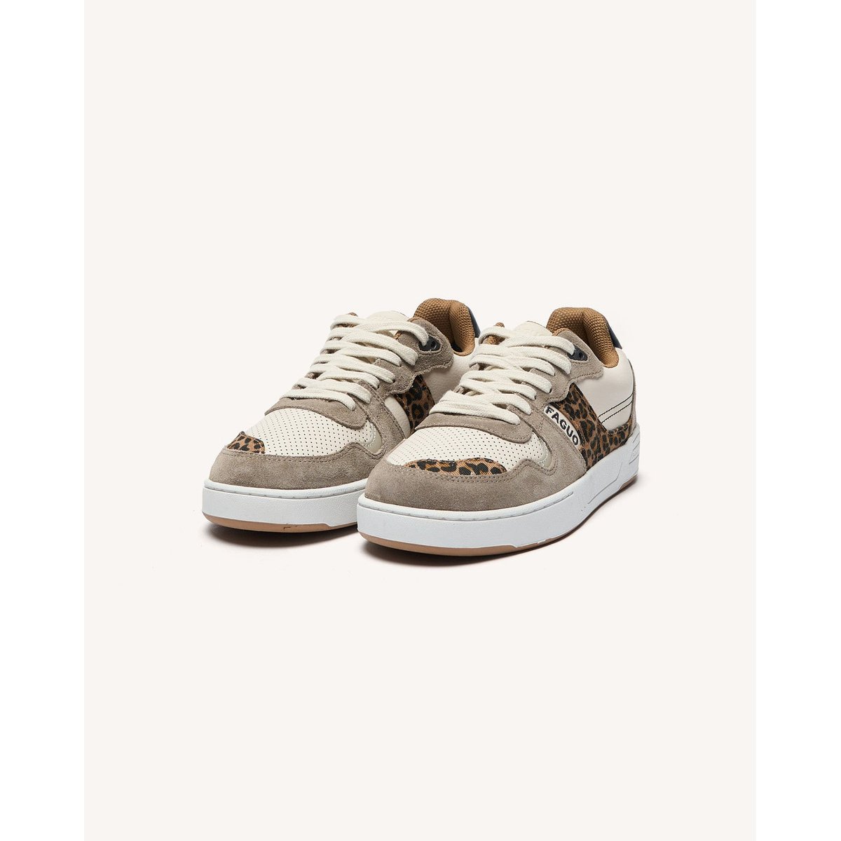 Baskets basses cuir suede CEIBA écru et léopard, FAGUO