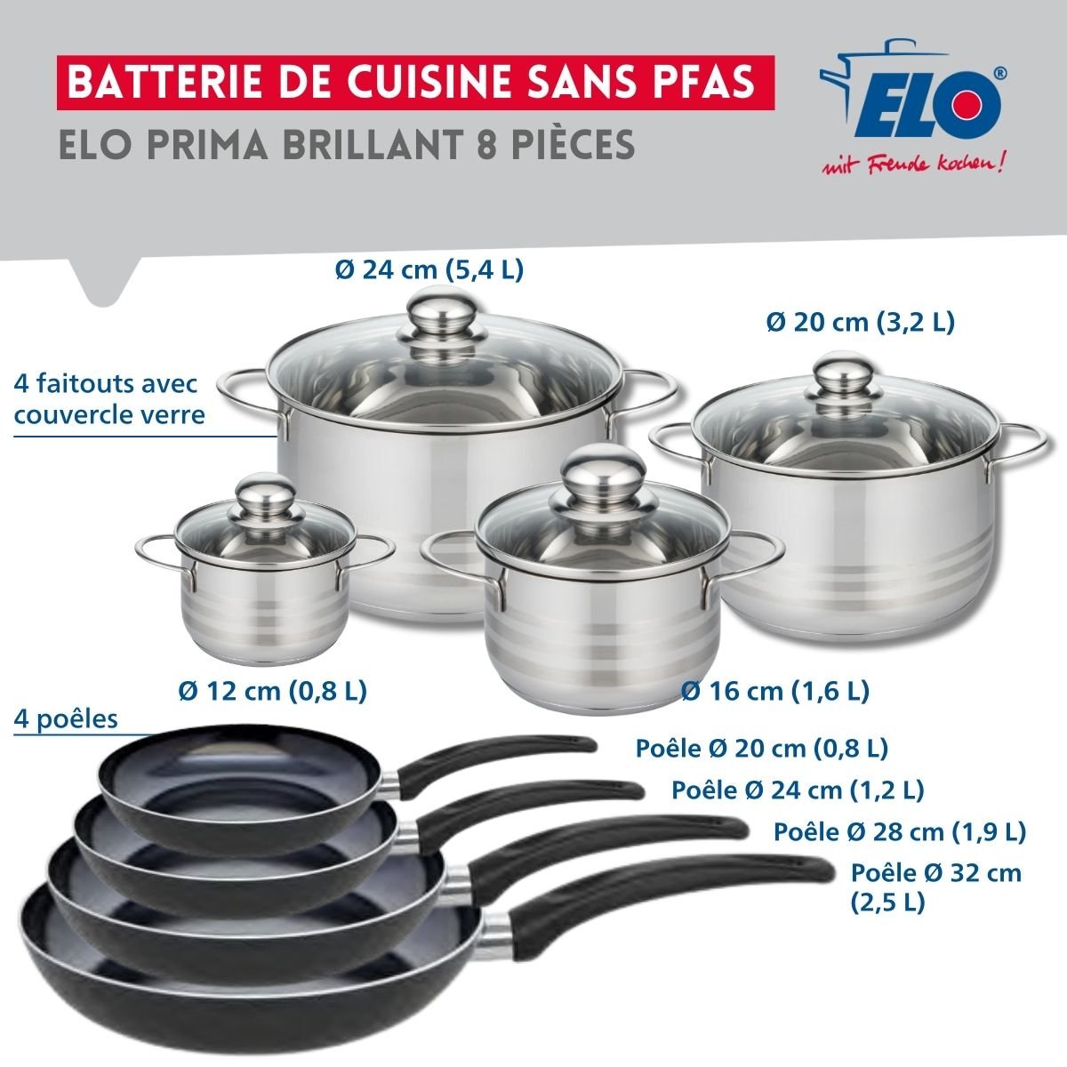 4 poêles 20/24/28/32cm + 4 faitouts 12/16/20/24cm PRIMA BRILLANT noir, ELO