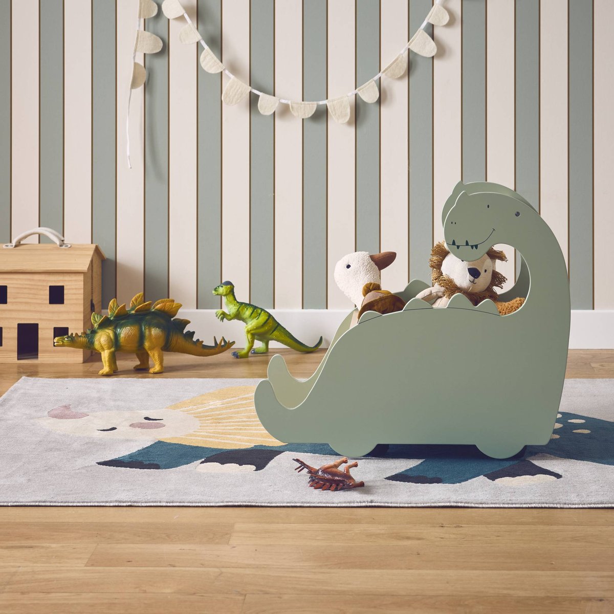 Coffre à jouets enfant avec roulettes forme dinosaure BRACHI vert, SWEEEK