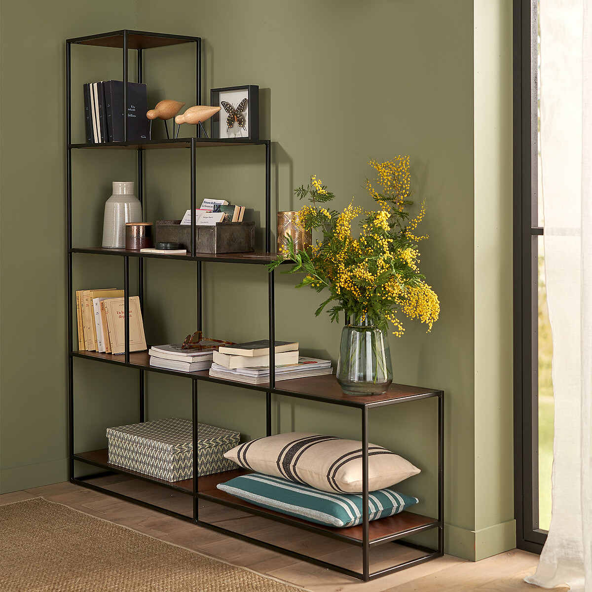 Watford Stepped Bookcase in Steel and Walnut Veneer black/walnut stain, LA REDOUTE INTERIEURS