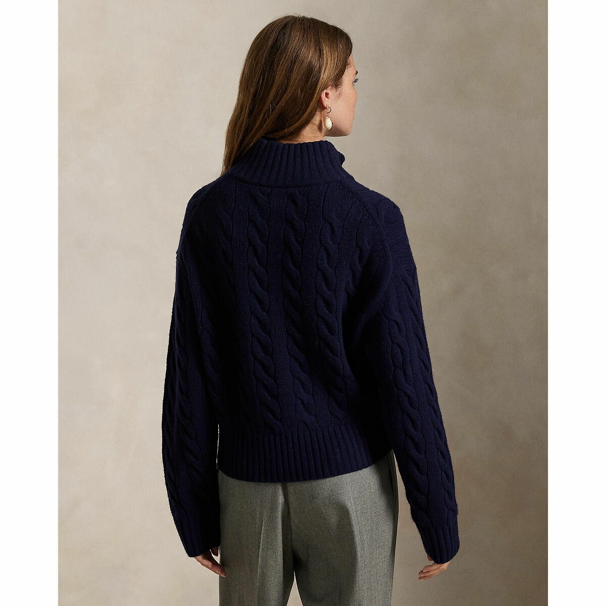 Pull col zippé en maille torsadée, 80% laine 20% cachemire marine, POLO RALPH LAUREN