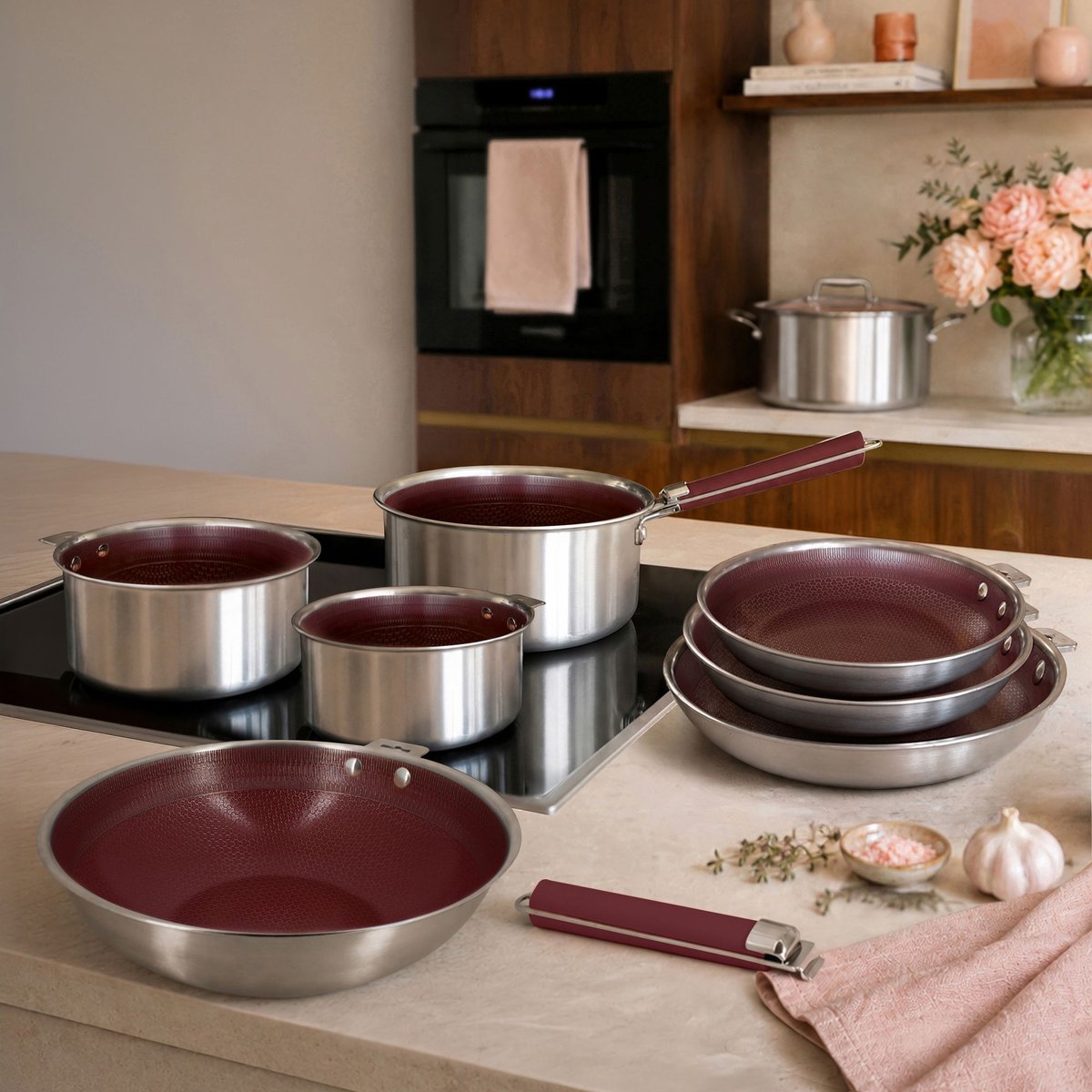 Batterie de cuisine 8 pièces en acier inoxydable avec 2 poignées, AGLAE bordeaux-inox, MENASTYL