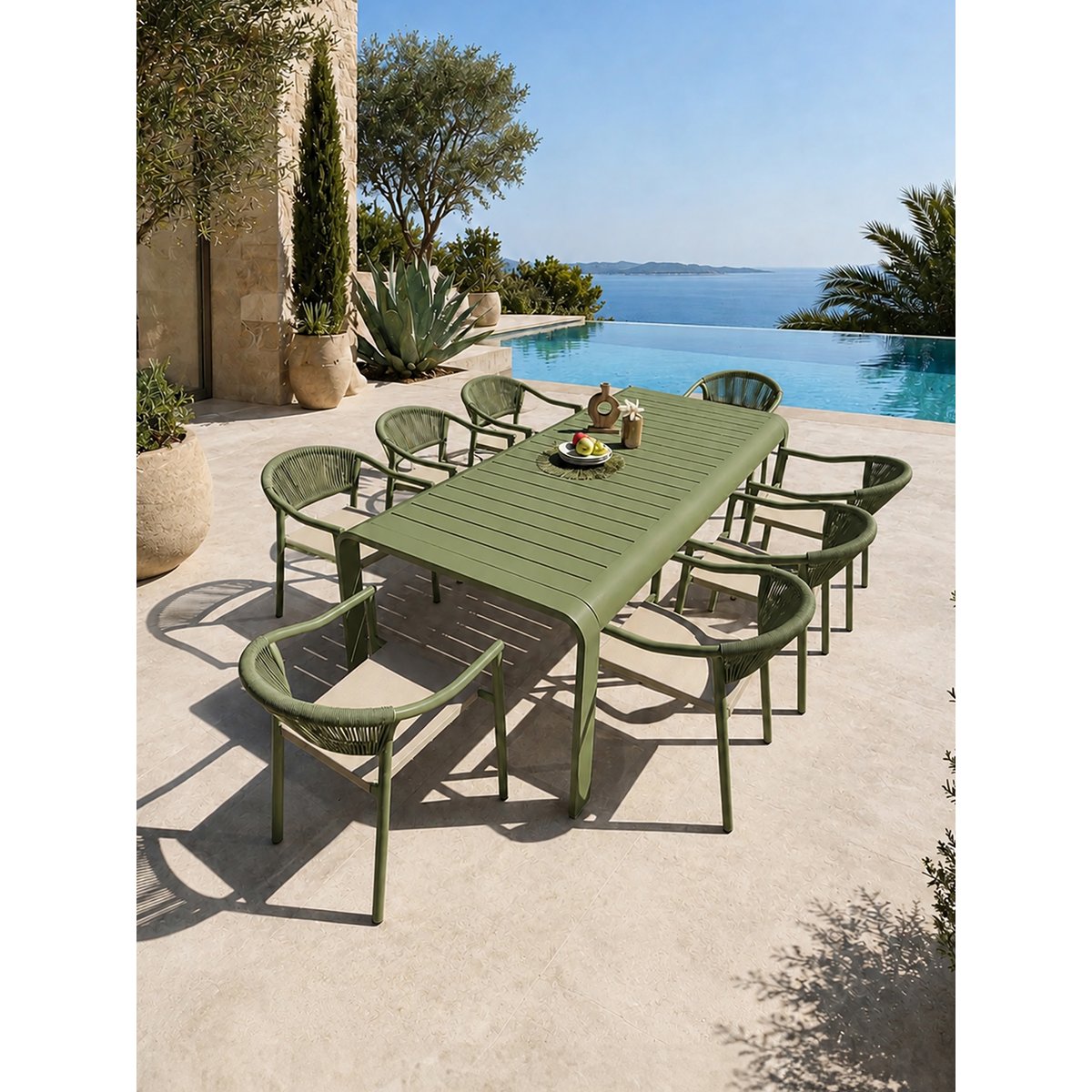 Ensemble repas de jardin en aluminium 8 places HANOI vert olive, DCB GARDEN