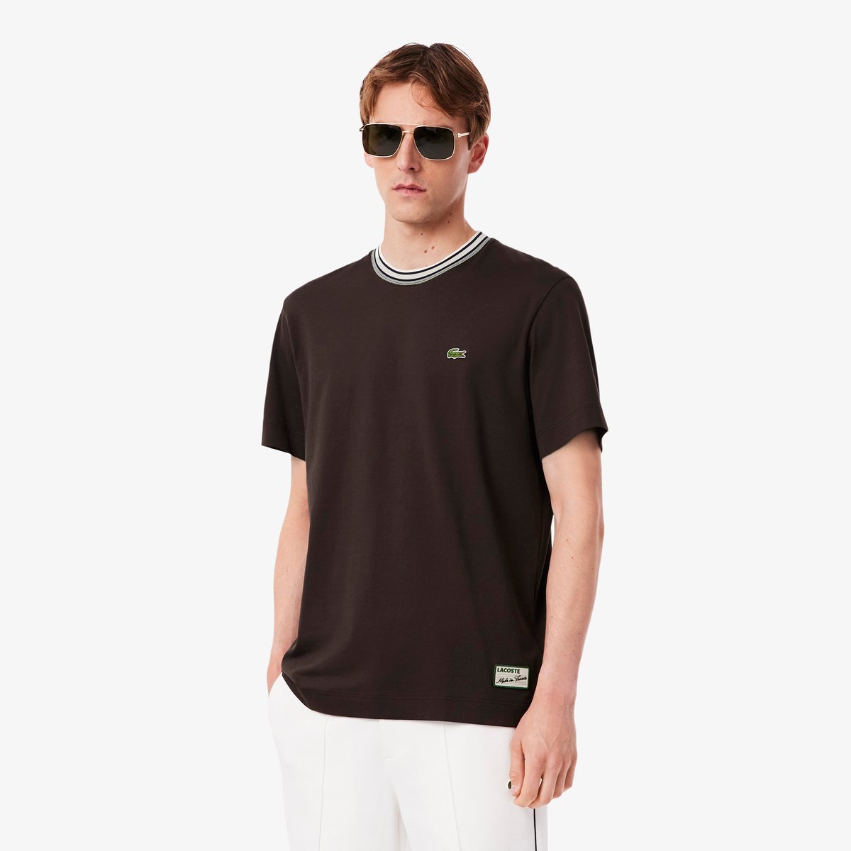 T-shirt fabriqué en France col rayé marron-skb, LACOSTE