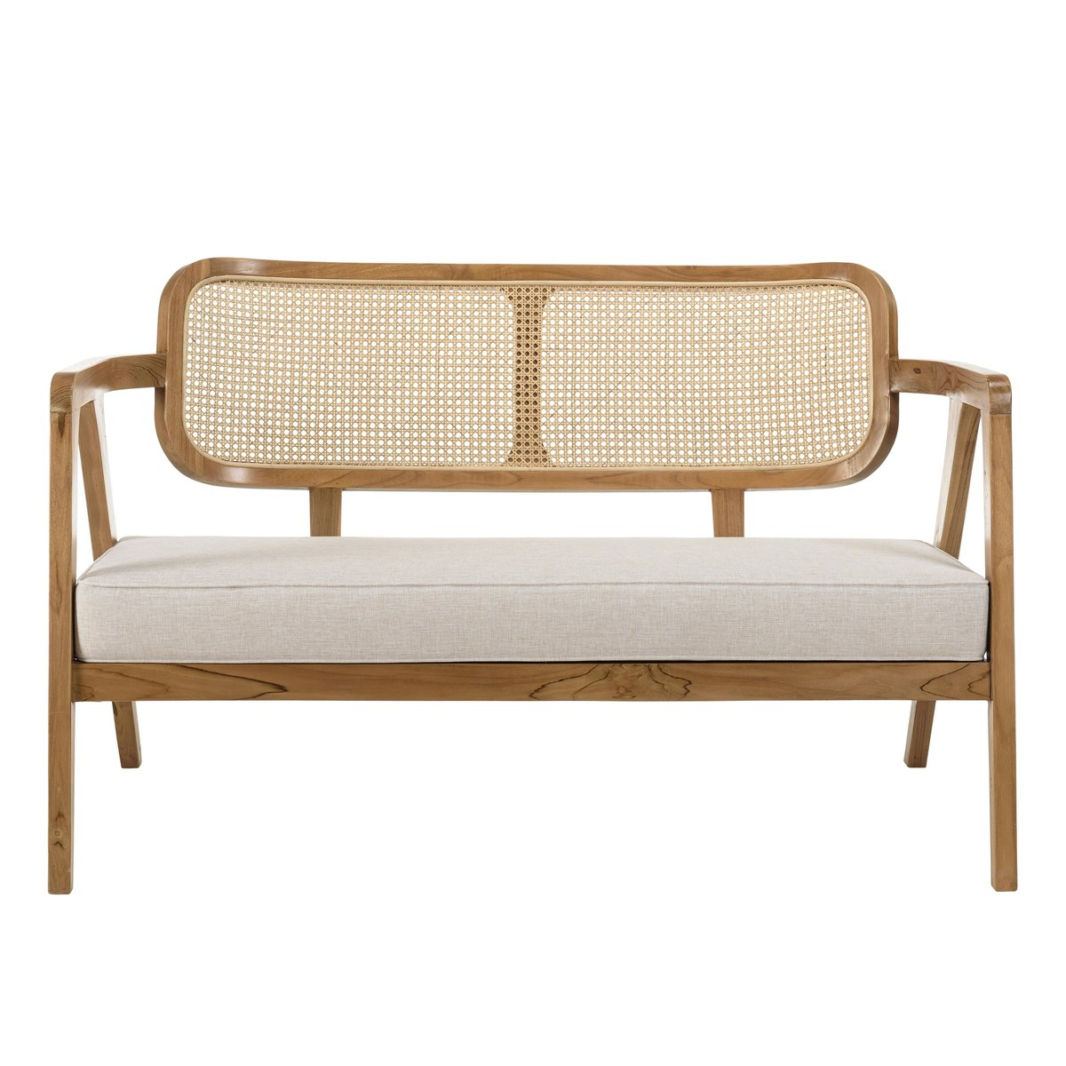 Canapé exotique 2 places dossier cannage teck et coussin gris MANAK bois naturel, PIER IMPORT