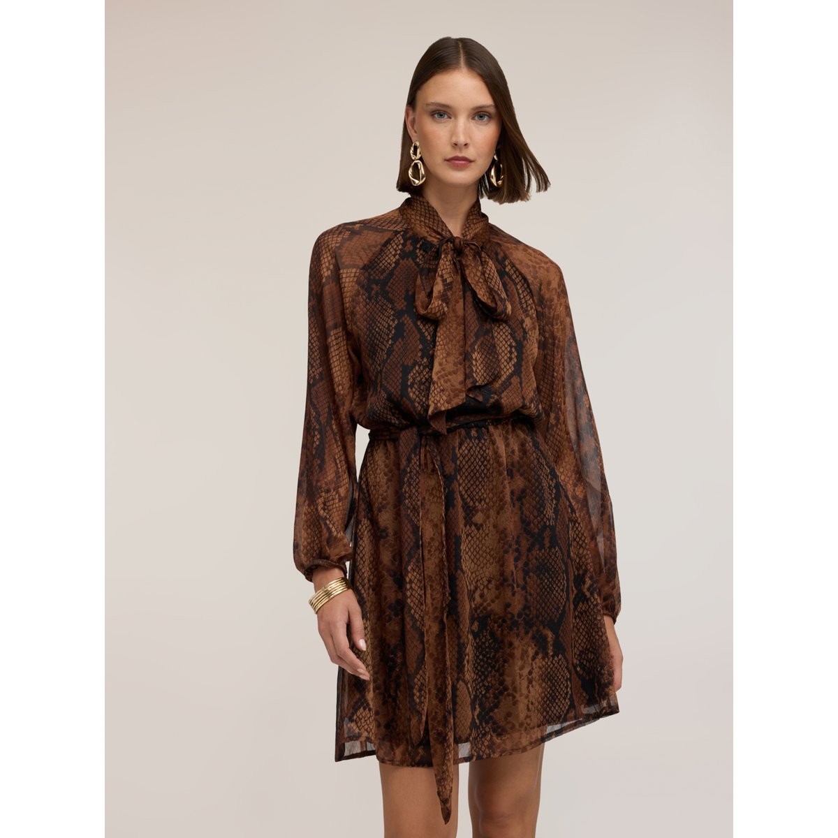 Robe courte drapée à imprimé python marron, MOTIVI