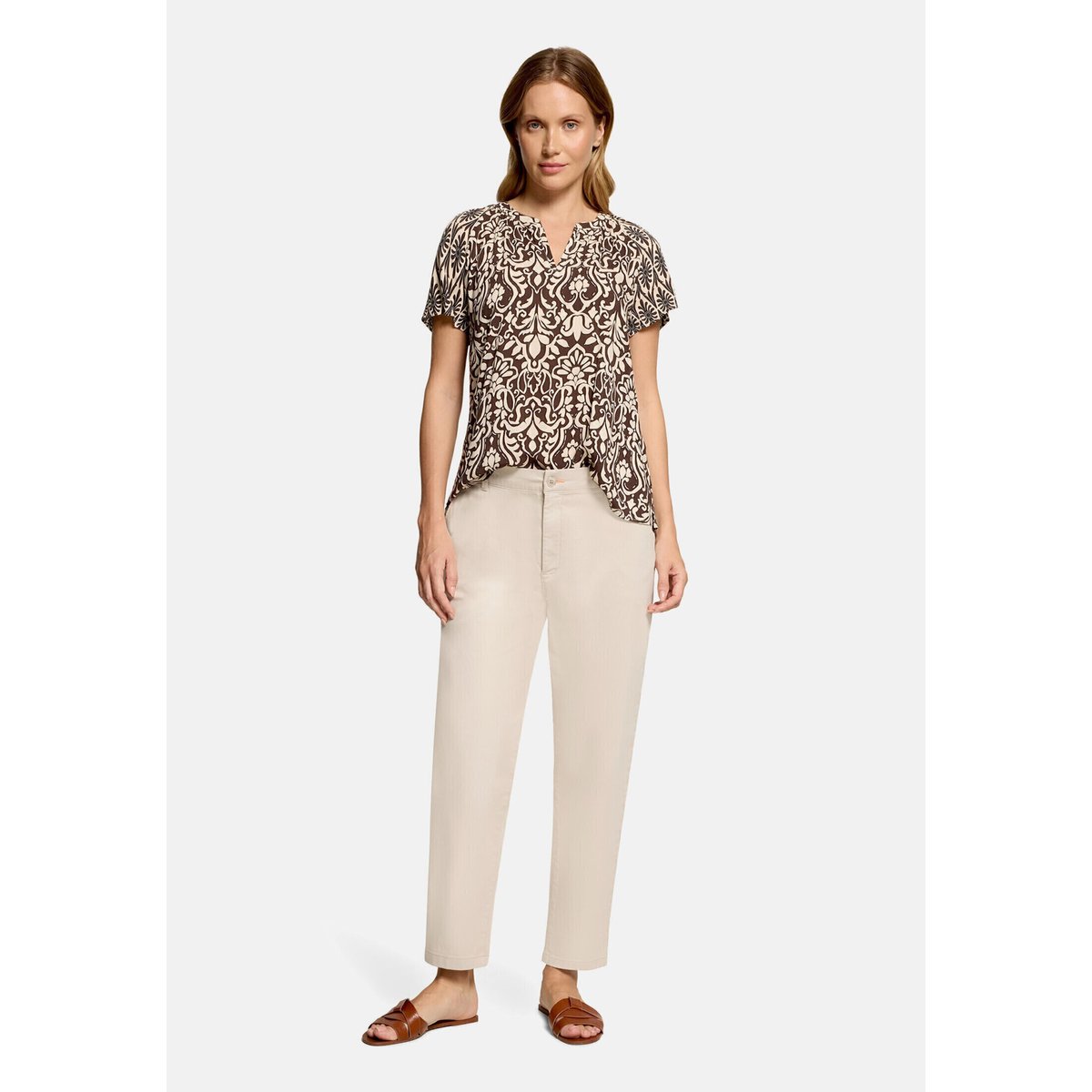 T-shirt façon blouse à ruches patch brown/cream, CARTOON