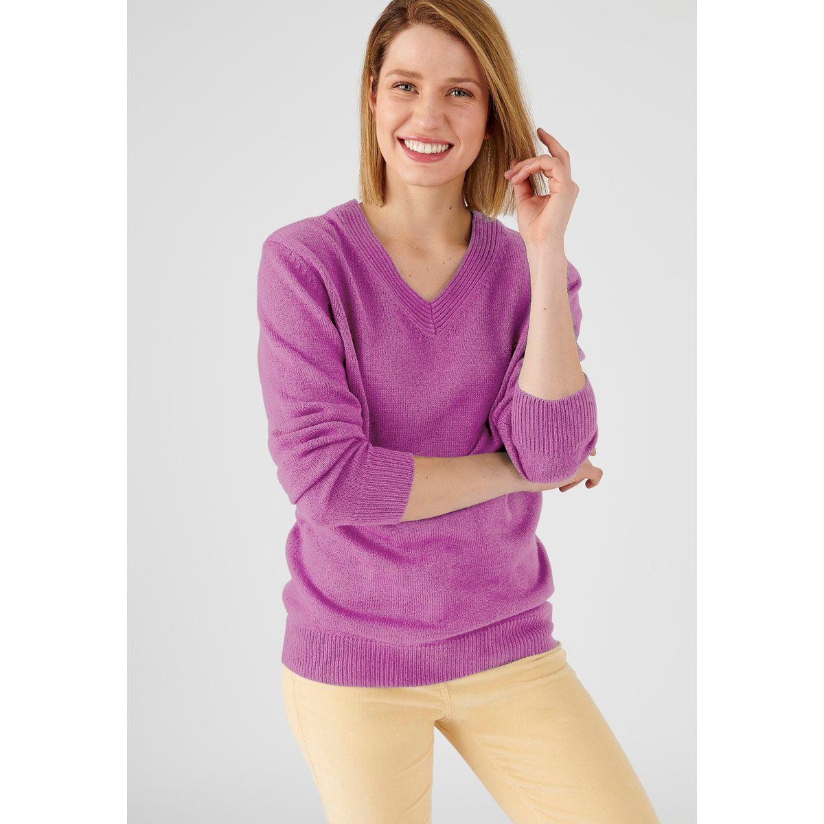 Pull col "V" maille jersey violet mauve, DAMART