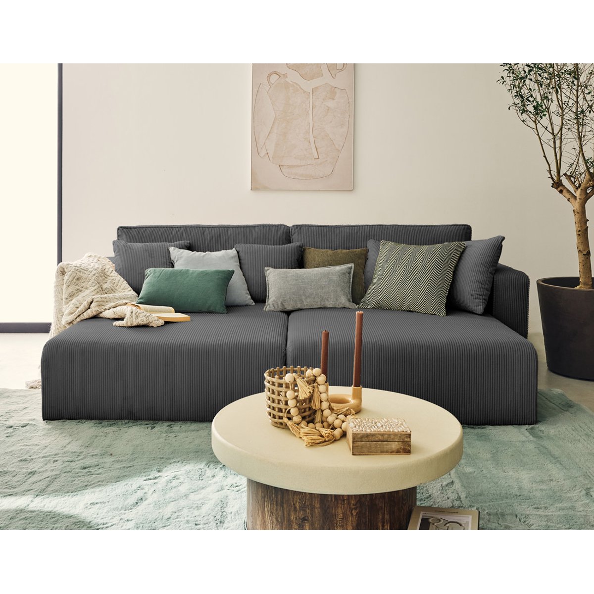 Topaze - Canapé droit 4 places avec double méridienne - assise profonde - en velours côtelé gris, BEST MOBILIER