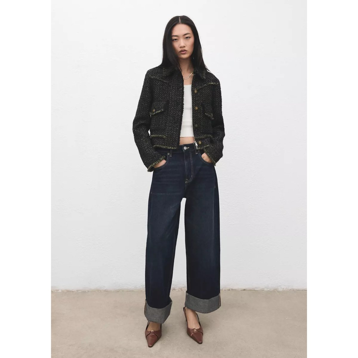 Veste tweed col à revers vert, MANGO