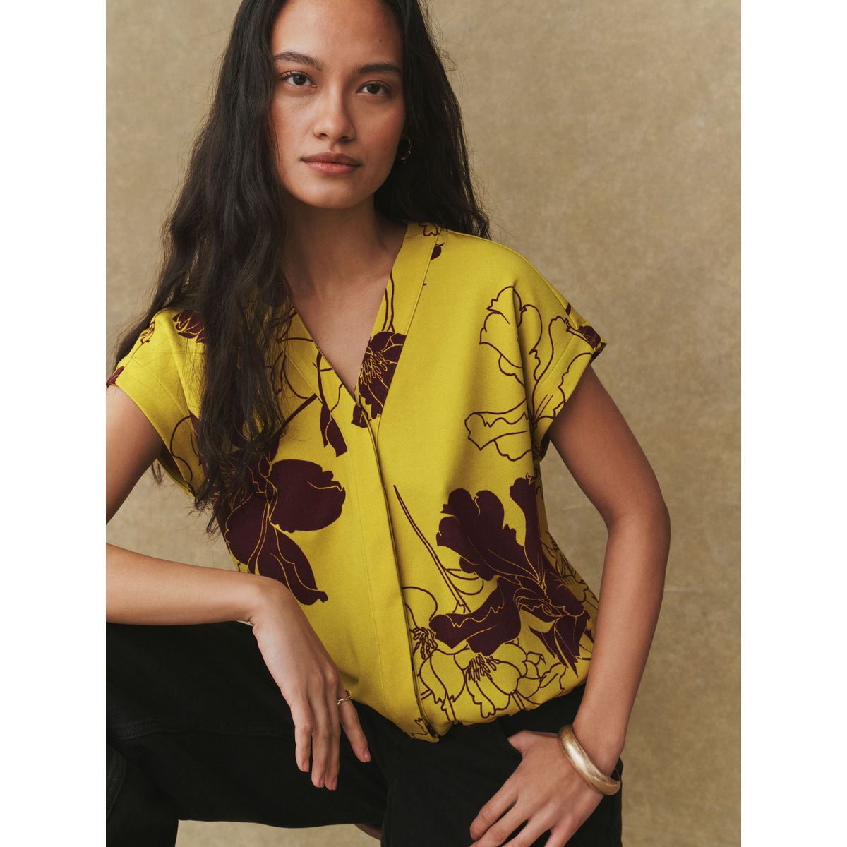 Haut col v à manches courtes et taille nouée imprimé floral vert, NEXT
