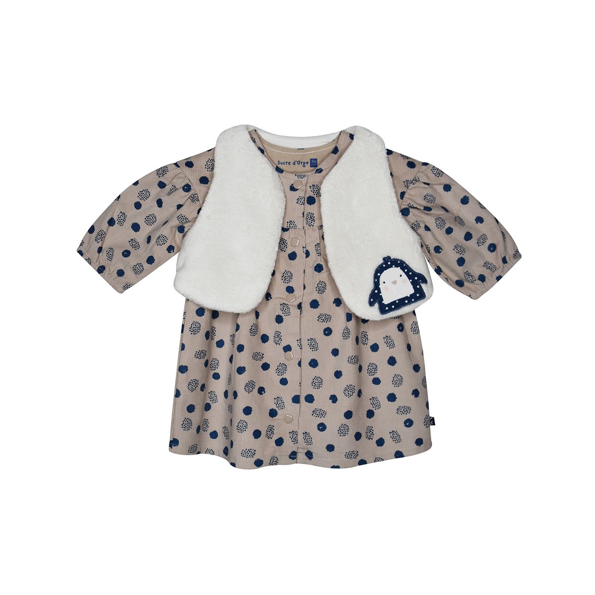 Robe gilet ss mches pepita velours cotele manches longues beige, SUCRE D'ORGE