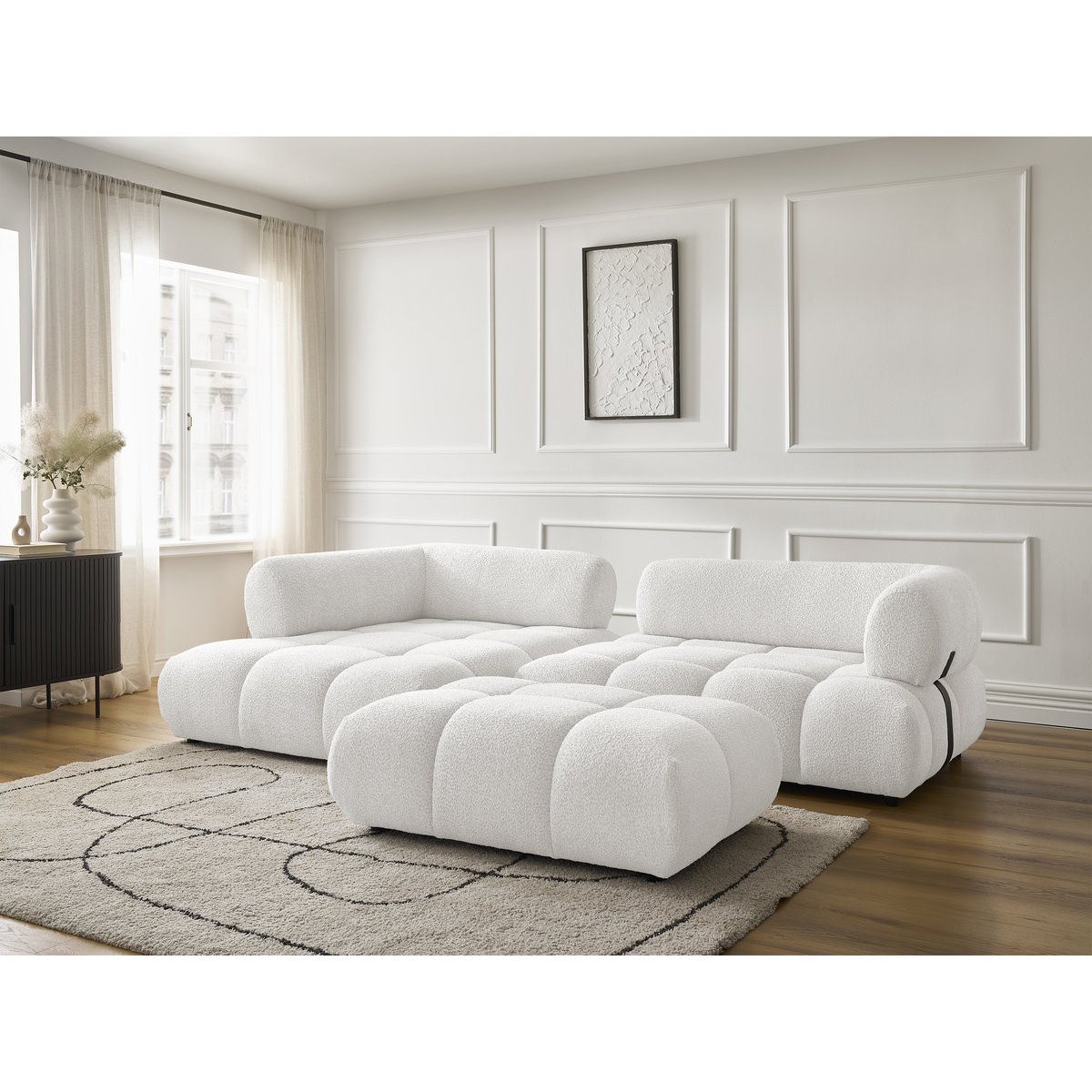Canapé d'angle fixe 4 places en tissu bouclette avec pouf, ALYA blanc, BOBOCHIC