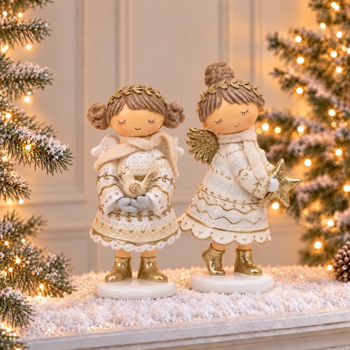 Figurine ange à l'oiseau de noël décorative artificielle H19 ELFIE beige, SIA
