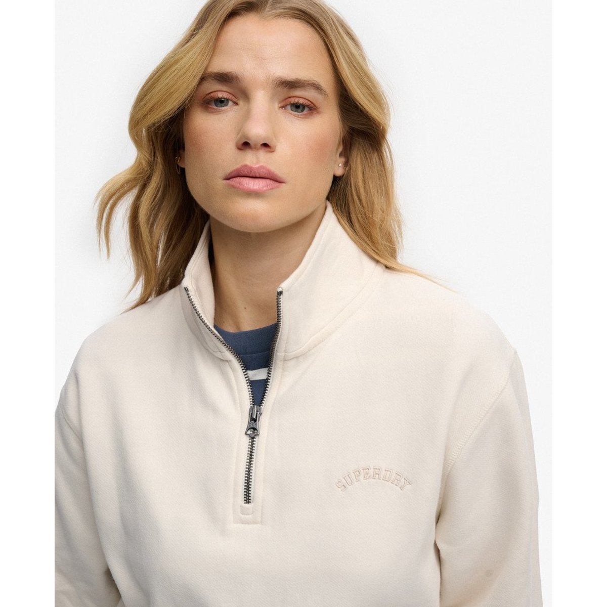 Sweat à demi-zip Logo Essential blanc cassé os du désert, SUPERDRY