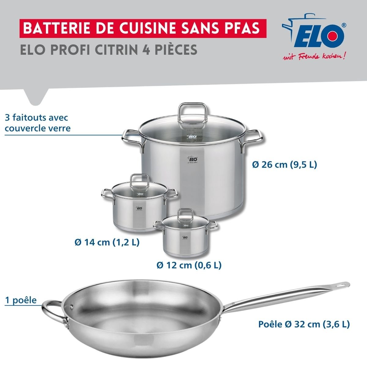 Batterie 1 poêle 32cm + 3 faitouts 12/14/26cm PROFI CITRIN gris, ELO