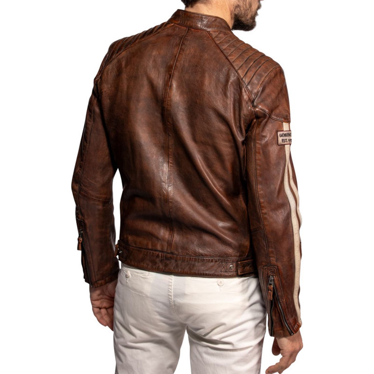 Blouson Corning en cuir d'agneau brun à coupe droite pourvu d'un col boutonné marron, DAYTONA