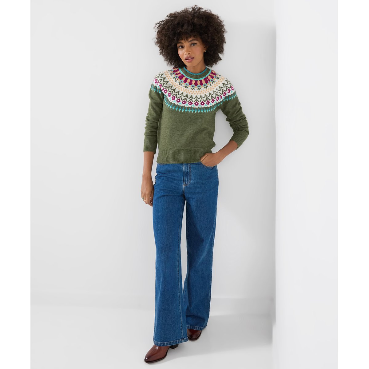 Pull Jacquard Fair Isle Fleuri Tilly vert, JOE BROWNS