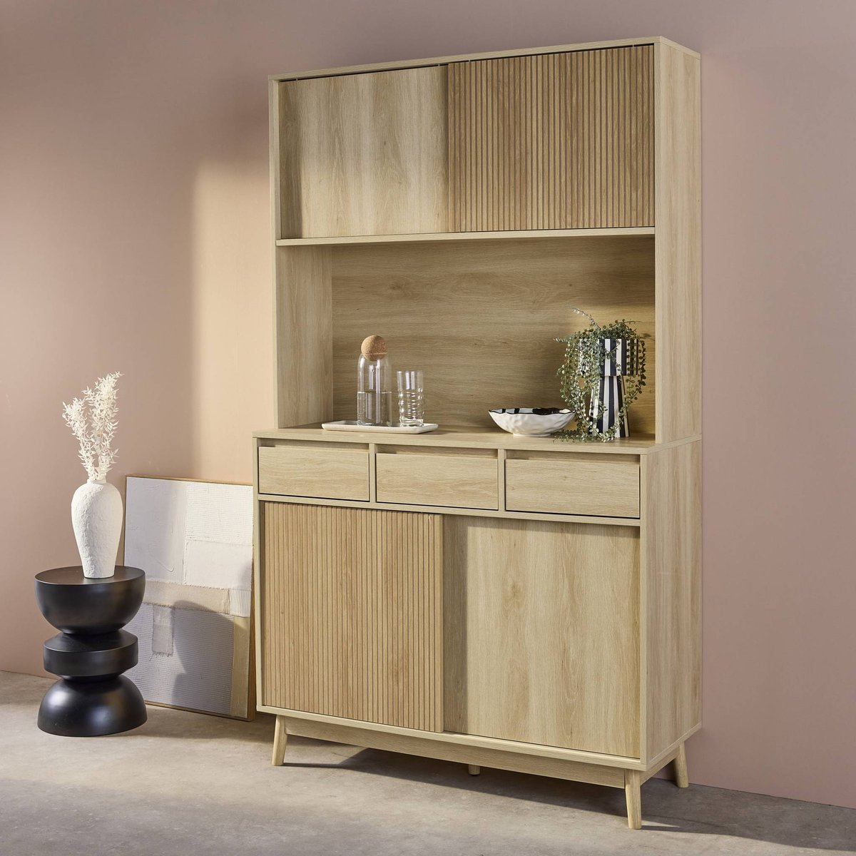 Buffet décor bois 4 portes 3 tiroirs 110 cm LINEAR naturel, SWEEEK