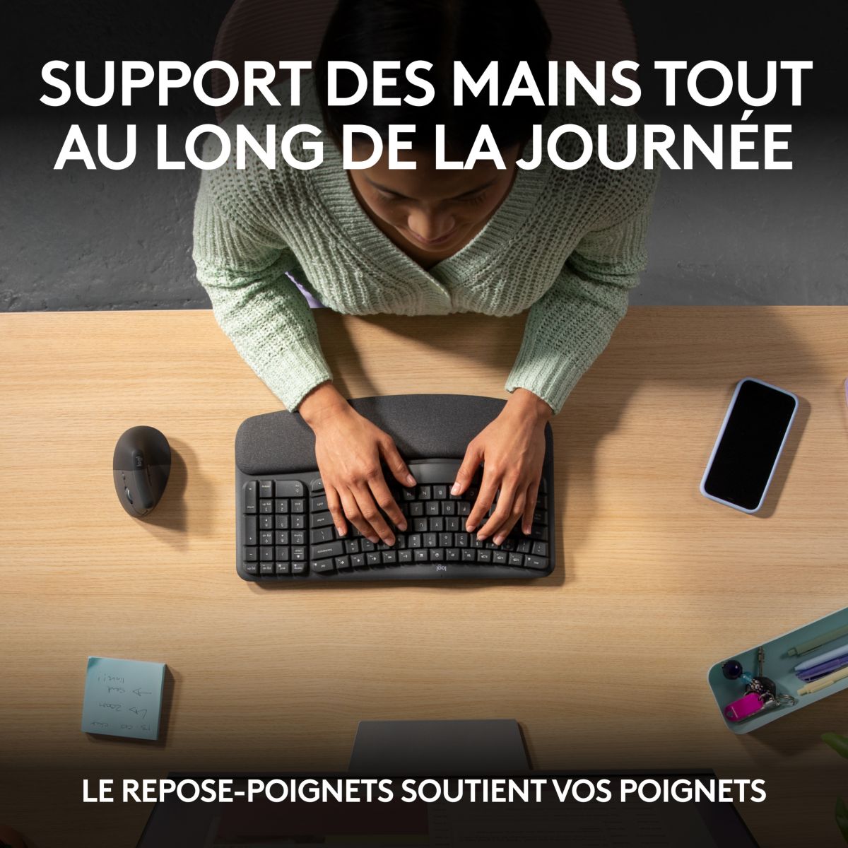 Clavier sans fil Wave Keys ergonomique +  repose poignets couleur unique, LOGITECH
