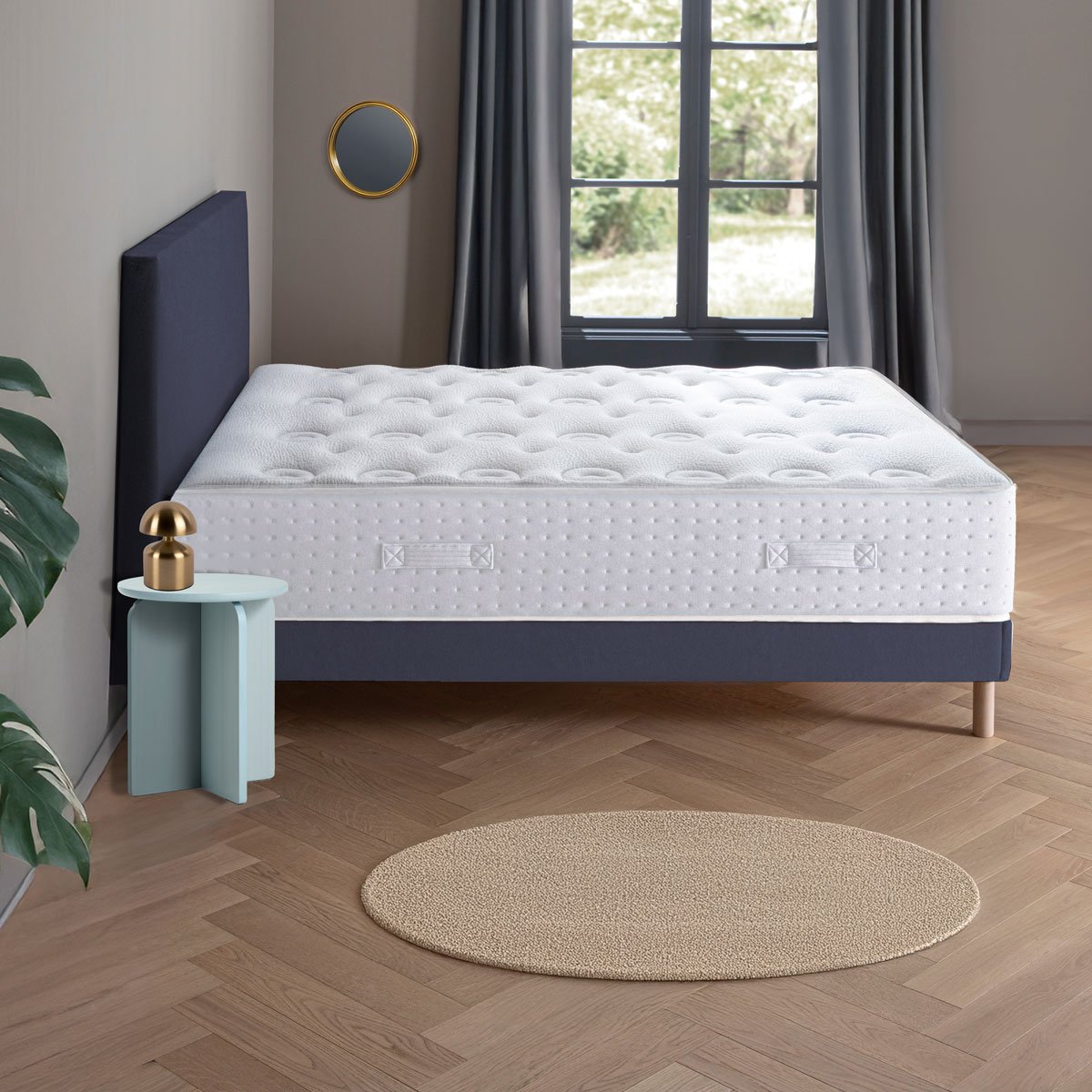 Ensemble - Matelas mi-ferme + sommier + Tête de lit Blanc/Bleu LE VERITABLE blanc, bleu foncé, DODO