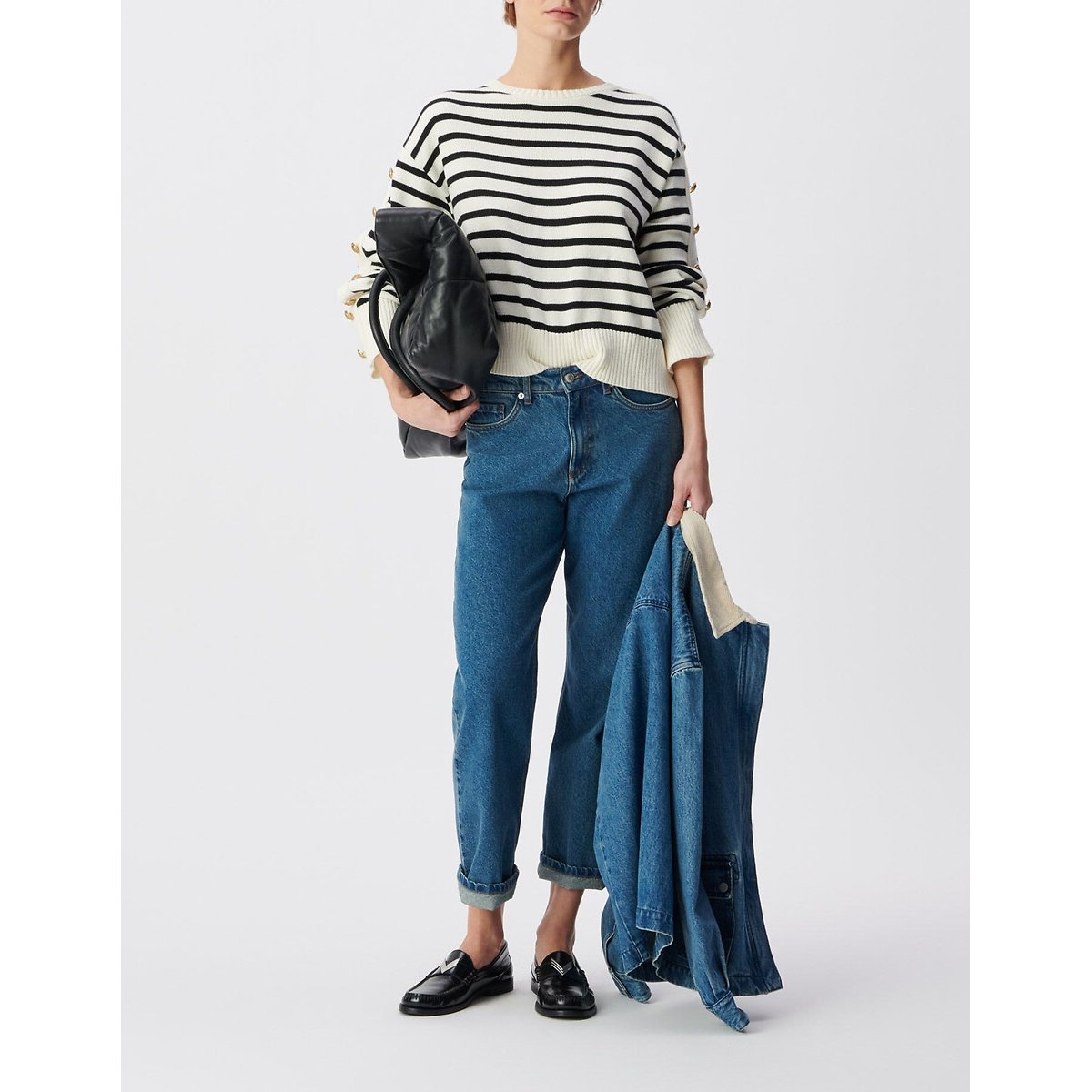 Maglia alla marinara con scollo rotondo e maniche abbottonate nero/bianco, IKKS