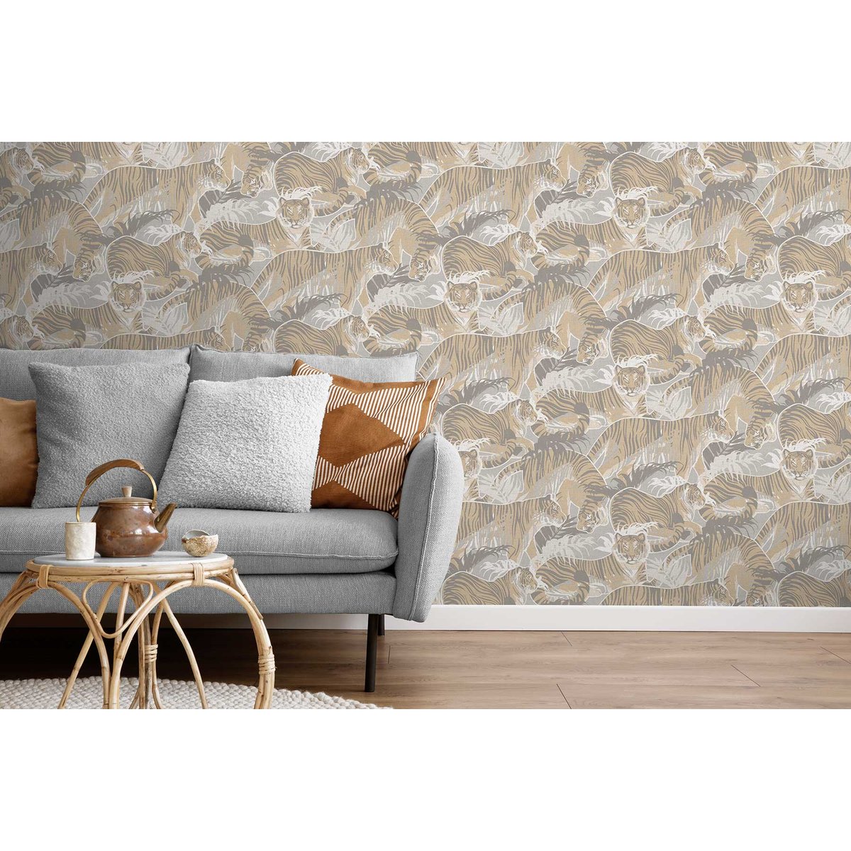 Papier peint tigres jungle beige et gris doux beige, HEXOA