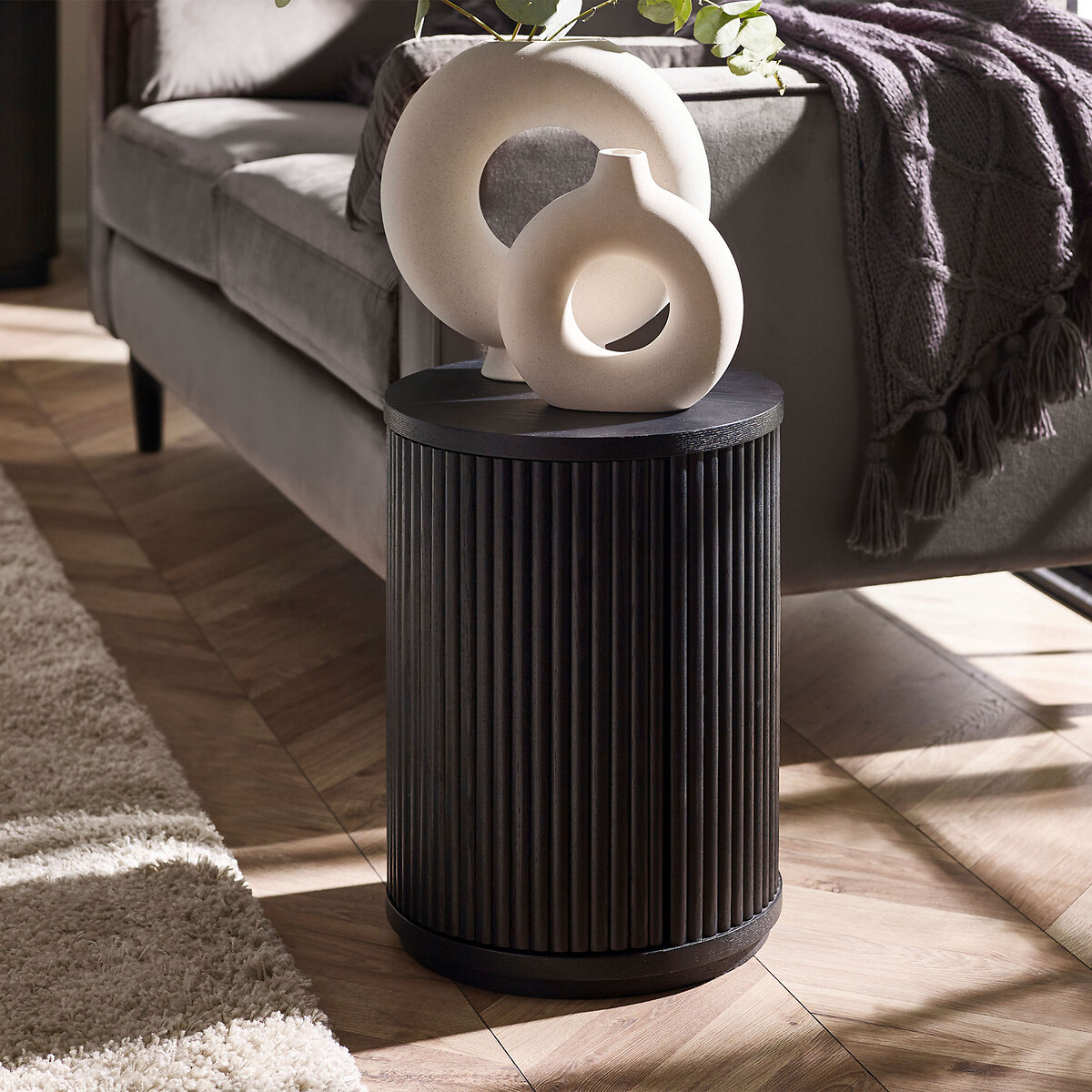 Lucien Fluted Wood Round Side Table with Hidden Storage black, SO'HOME