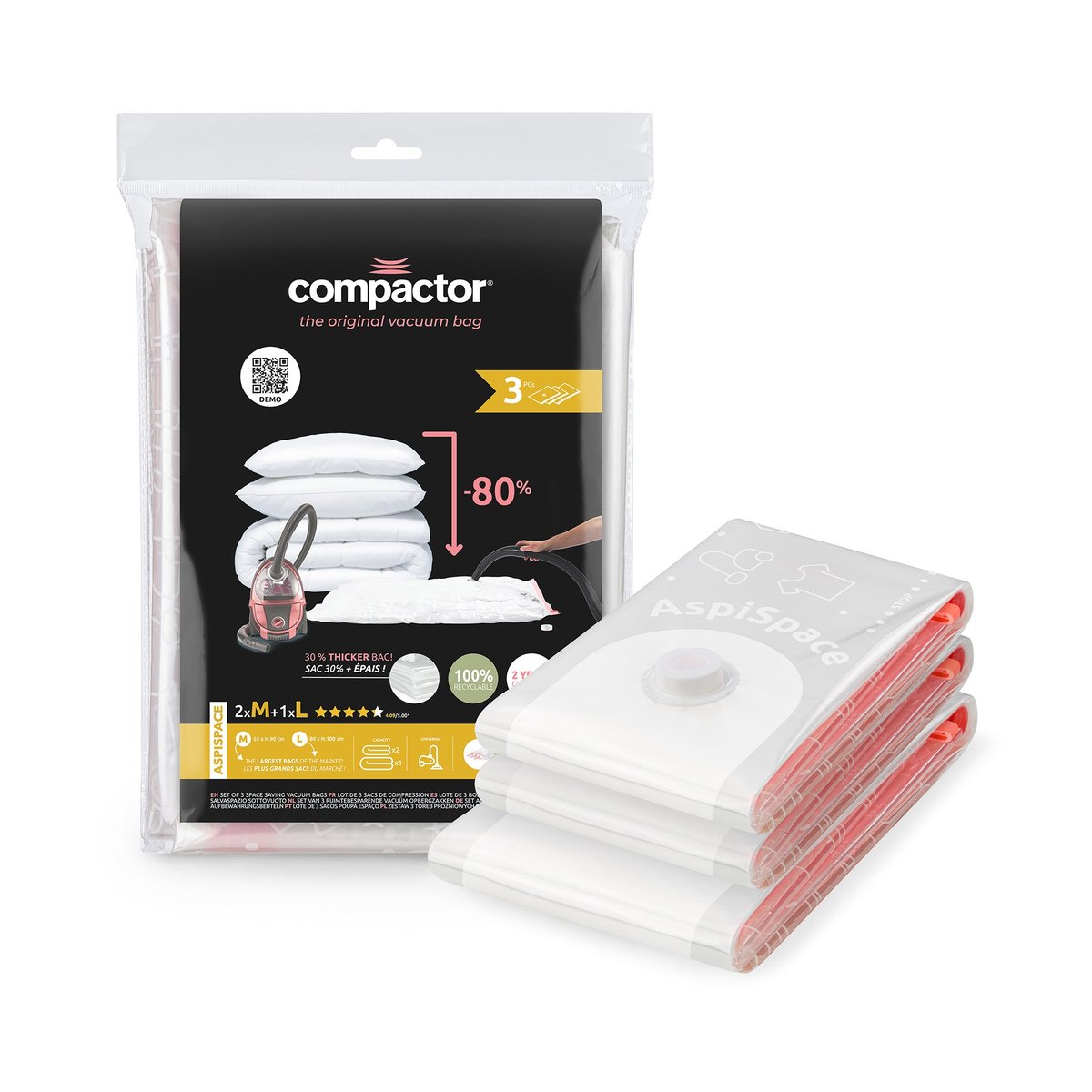 Lot de 3 sacs de rangement sous vide Aspispace 2 tailles+ 1 taille L transparent, COMPACTOR
