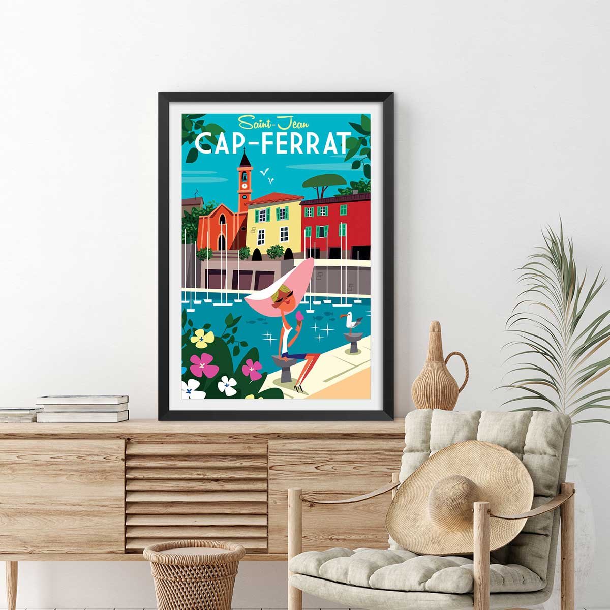 Poster du cap ferrat affiche + cadre en bois - noir, HEXOA