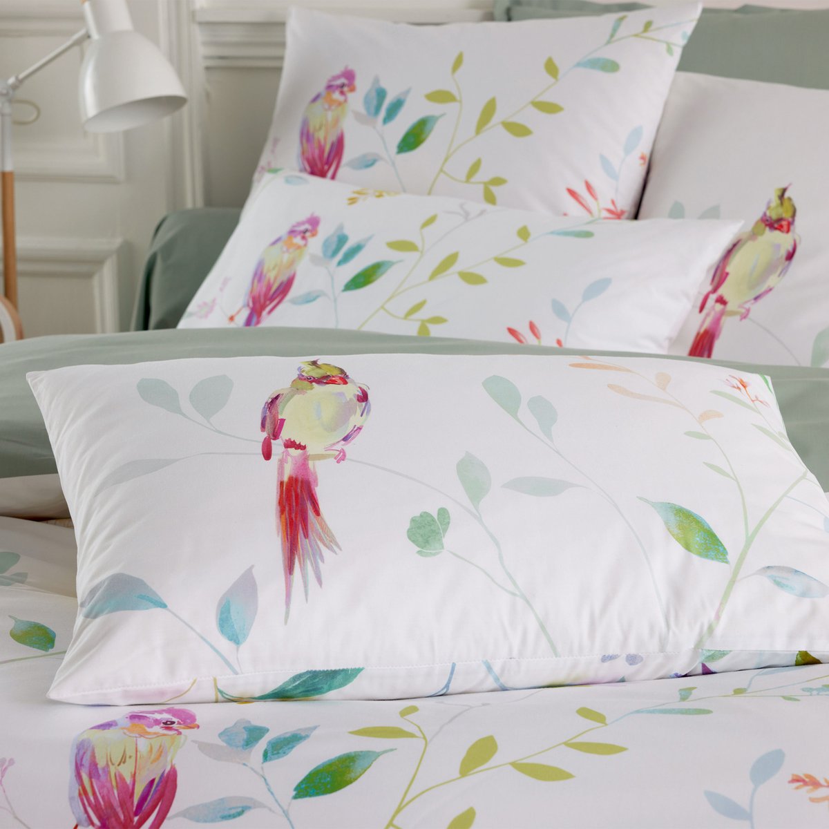 Taie d’oreiller percale de coton 80 fils oiseaux blanc, TRADILINGE