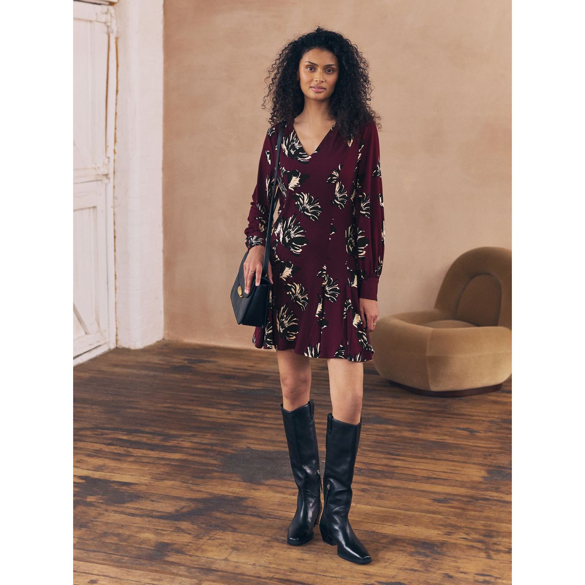 Mini robe trapèze à manches longues imprimé floral rouge bordeaux, NEXT