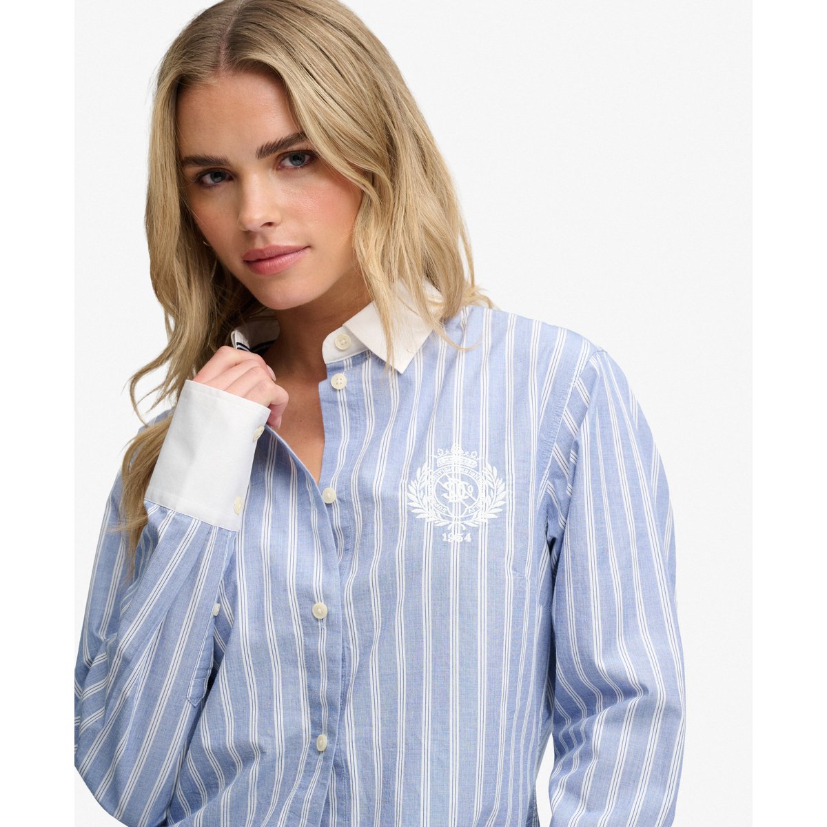 Chemise à manches longues Poplin Cuff Stripe rayure bleu chelsea, SUPERDRY
