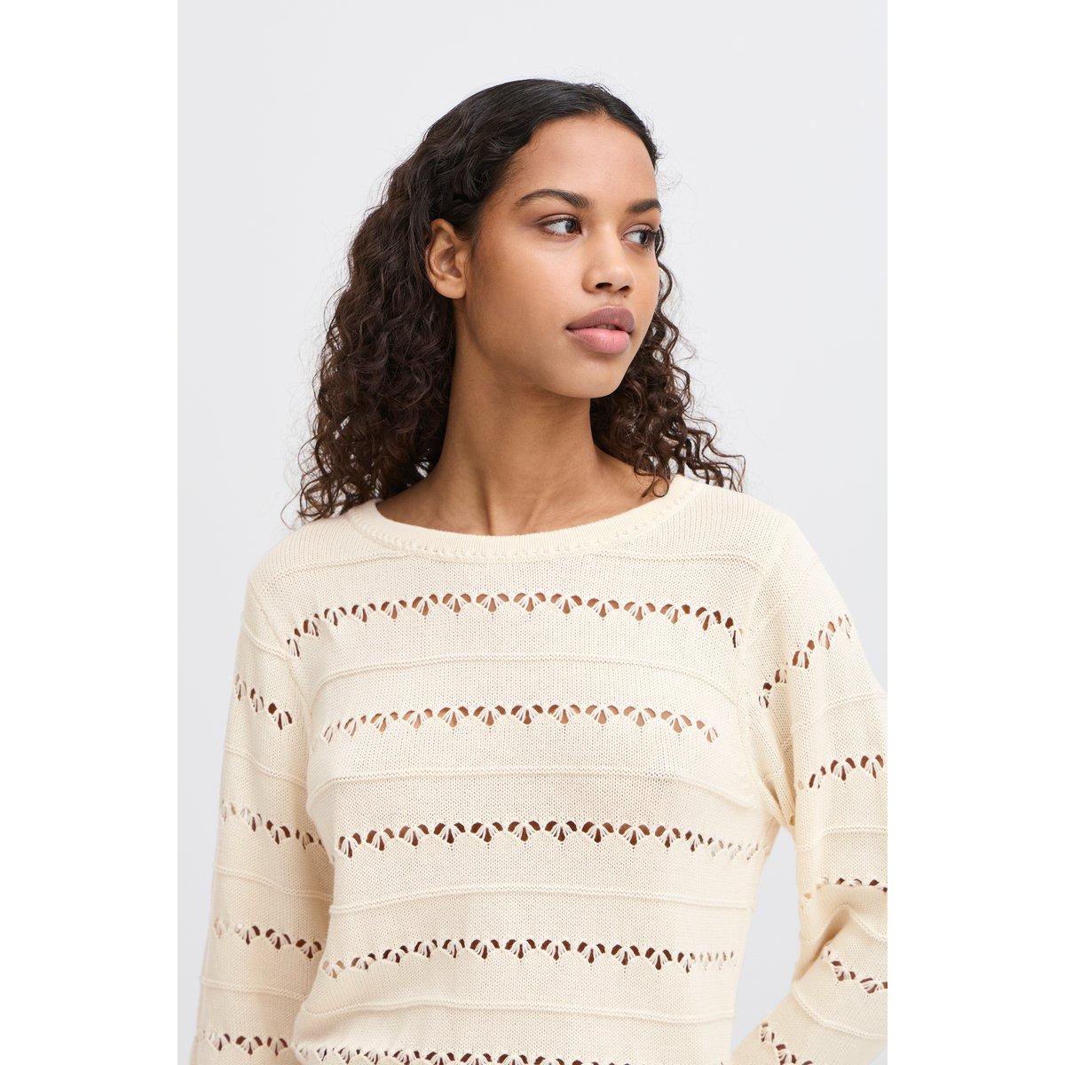 Pull en maille, manches longues, col rond, coupe droite beige birch, ICHI