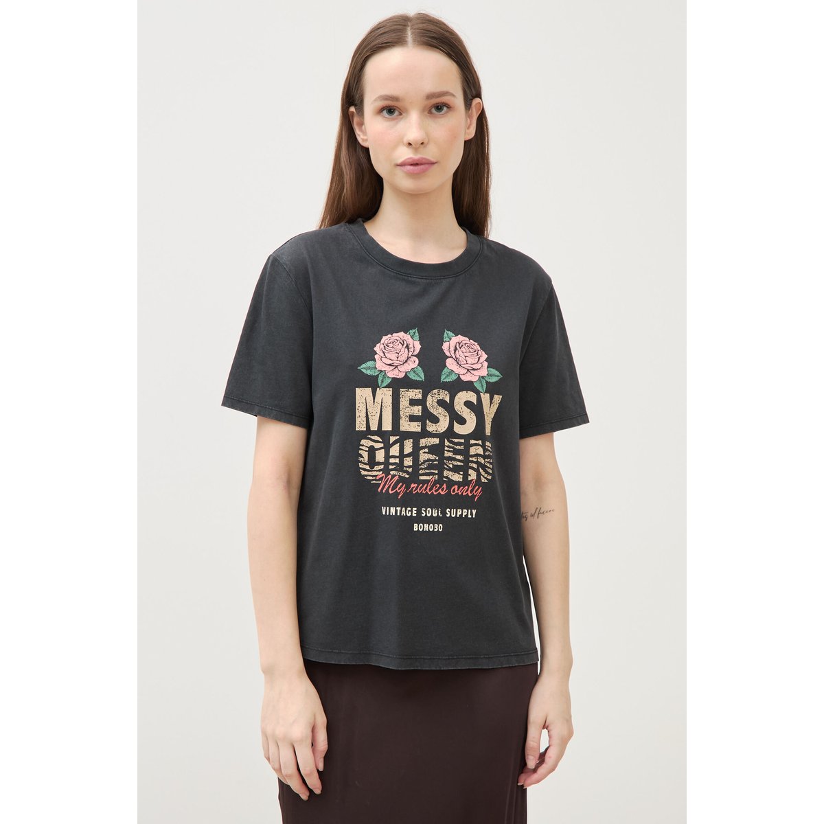 T-shirt droit col rond manches courtes noir, BONOBO