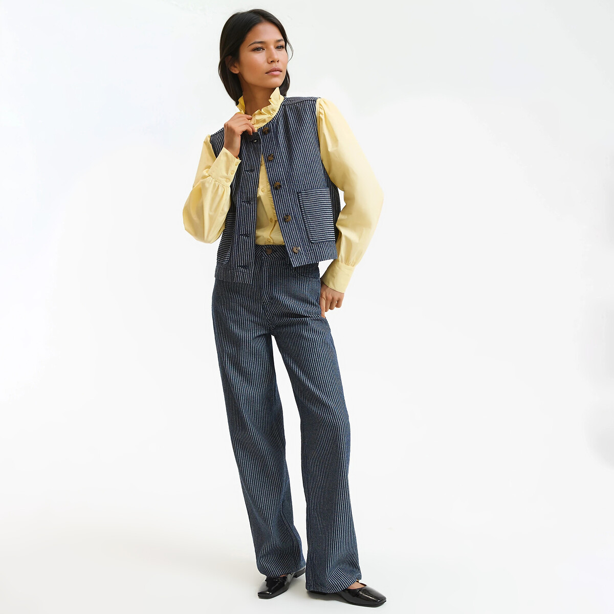 Veste sans manches, coupe droite, denim à rayures rayé bleu marine/blanc, LA REDOUTE COLLECTIONS