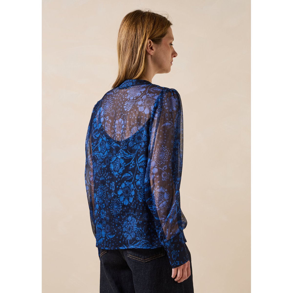 Top en voile imprimé floral manches longues bleu, LA FEE MARABOUTEE
