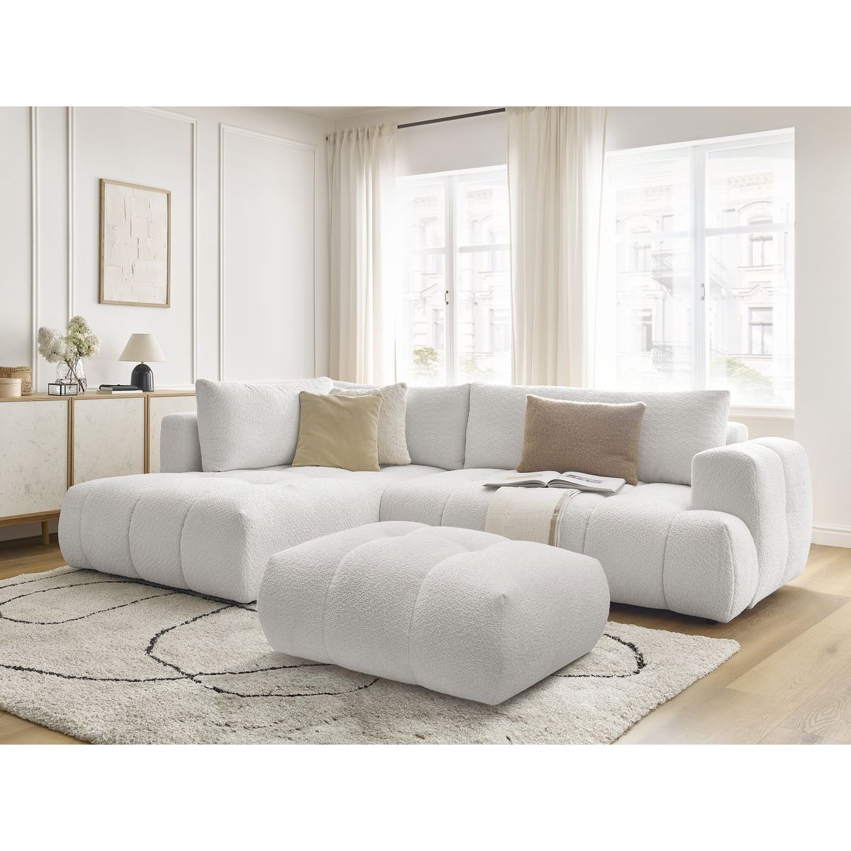 Canapé d'angle convertible 4 places en tissu bouclette avec pouf, FUJI blanc, BOBOCHIC