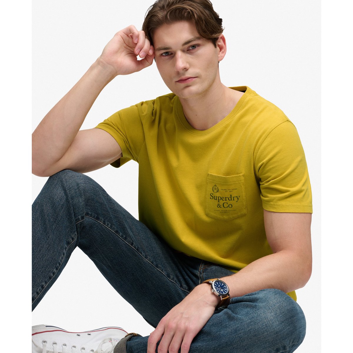 T-shirt Company Logo Poche Coupe Décontractée jaune pétrole, SUPERDRY