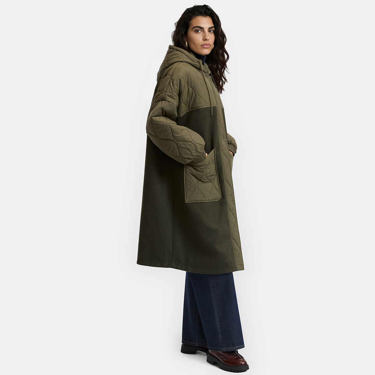 Parka bi-matière à capuche amovible vert kaki, LA REDOUTE COLLECTIONS