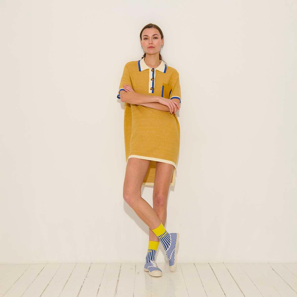 Robe polo courte en coton et lin PETERSON ivoire-caramel, BENSIMON