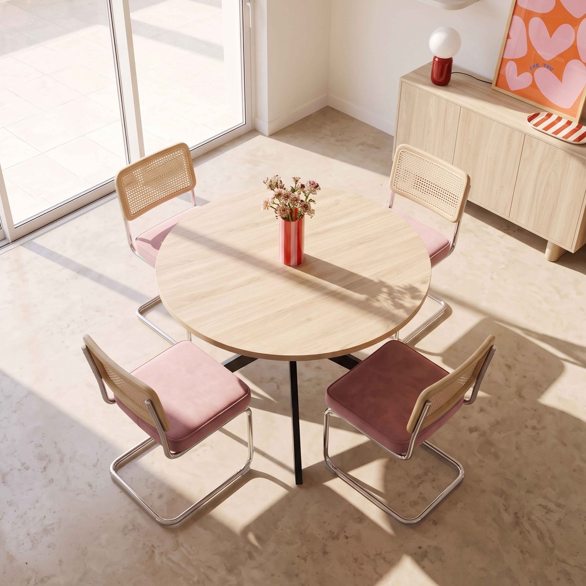 Table à manger ronde 120 cm en feuille de papier MDF, MARCIA marron, OVIALA